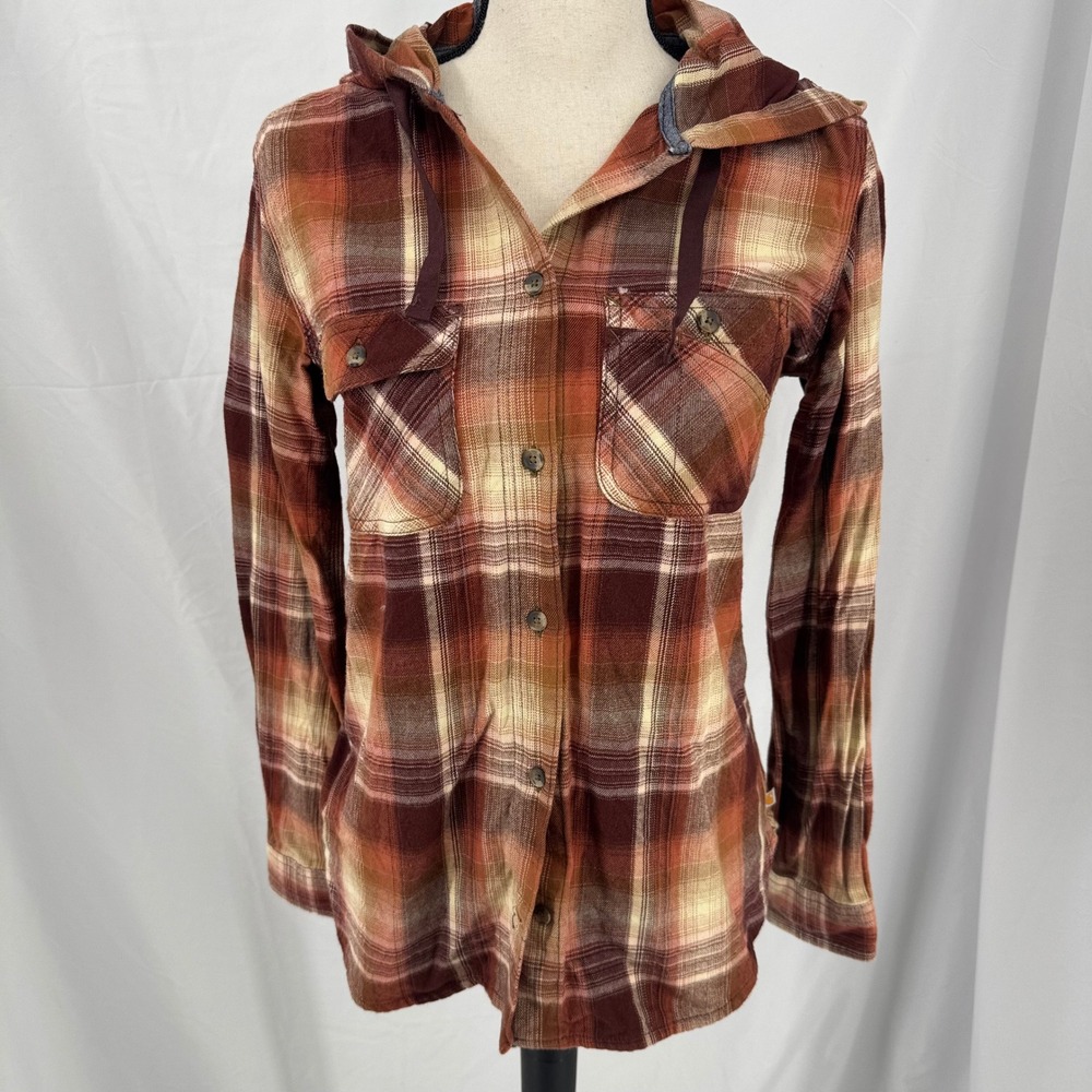Carhartt Womens Plaid Hooded Flannel Shirt Small Burgundy Orange Cotton 103235